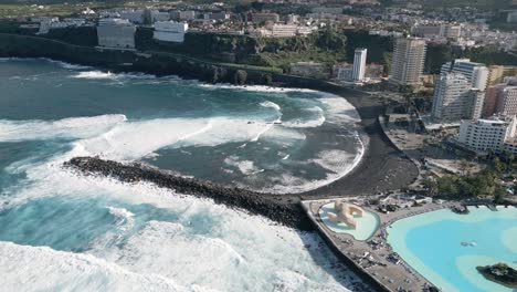 aerial shot of puerto de la cruz beautiful waterfront, tenerife, spain