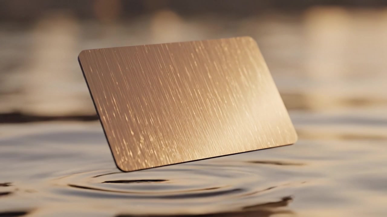 Una tarjeta metálica de color dorado flota con gracia sobre agua serena, reflejando la luz del sol y creando un fascinante contraste visual entre las superficies de metal y líquido.