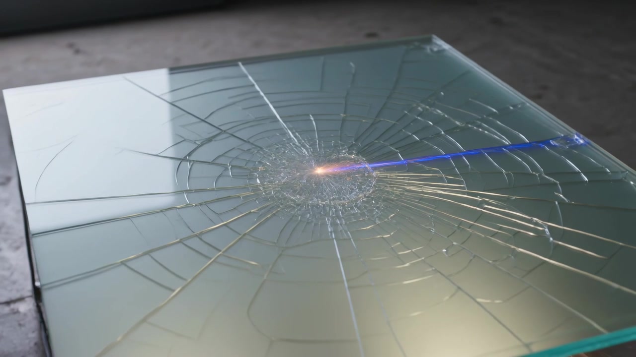 Eine zerspringende gehärtete Glasscheibe bildet Spinnennetzrisse auf einer Werkbank, ausgelöst durch einen blauen Strahl.