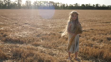 serious sad girl a child stands on a wheat mown field