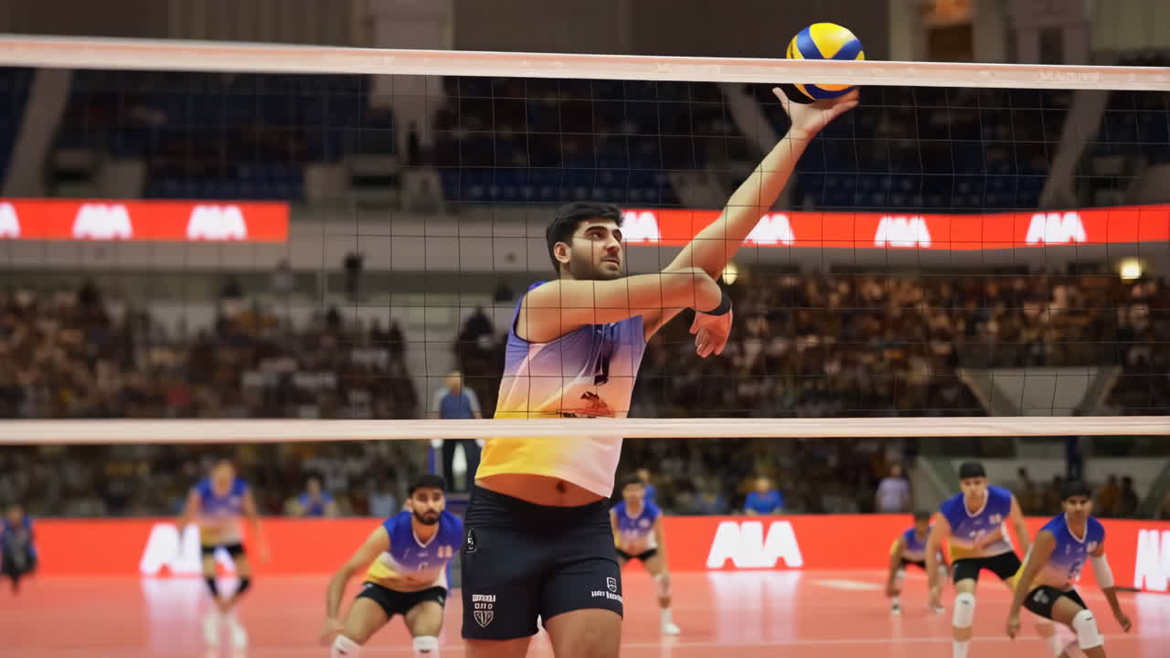A sequence of images showing a volleyball player serving or spiking during a game