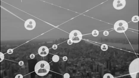 animation of network of profile icons against aerial view of cityscape