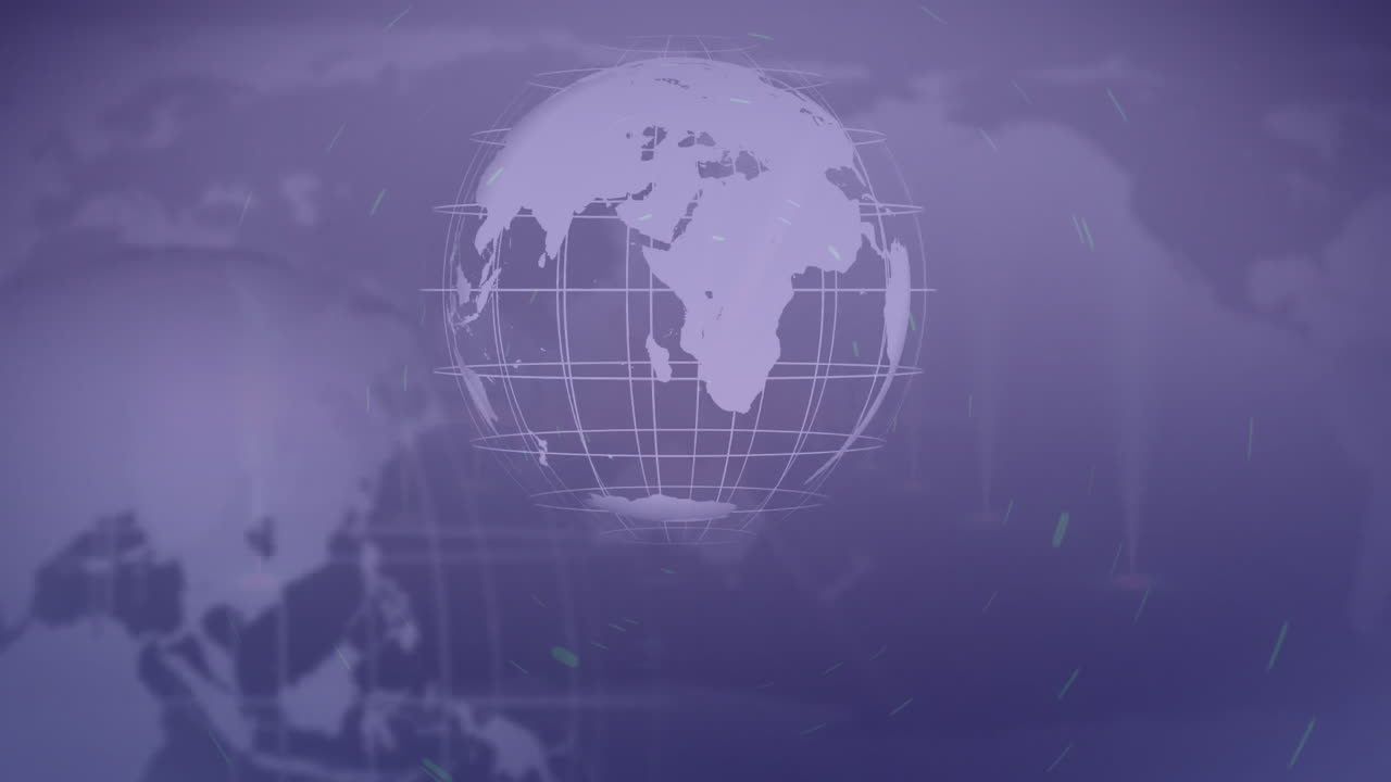 Animation of rotating globe with digital grid over world map background