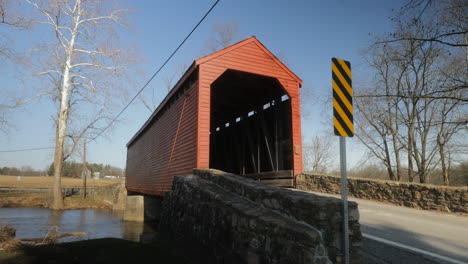 winter, static shot of one of three covered bridges in maryland