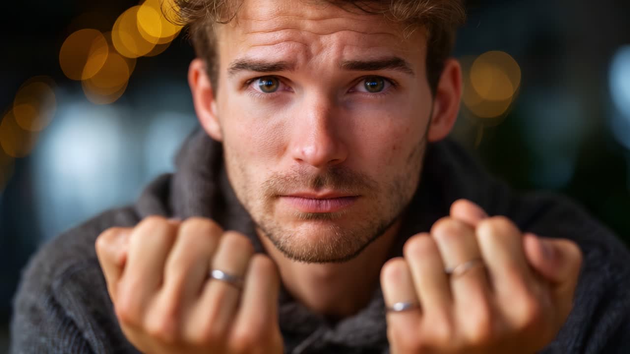 A close-up portrait of a pensive young man conveying a range of emotions, captured with soft lighting and a defocused background full of warm bokeh lights