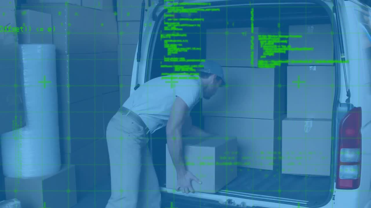 Animation af databehandling med en smilende leveringsmand, der læsser kasser ind i en varevogn.
