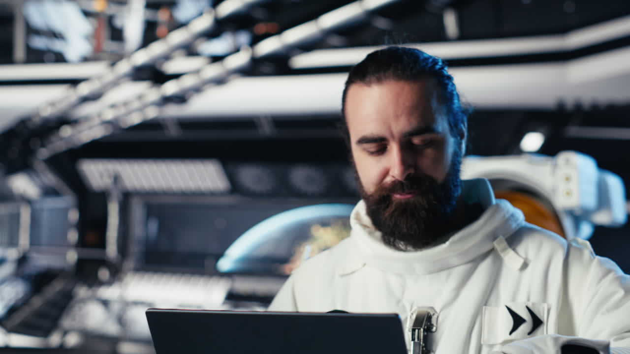 Astronaut checking human expansion in space mission data on laptop