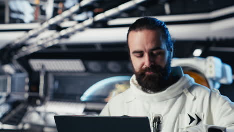 astronaut checking human expansion in space mission data on laptop