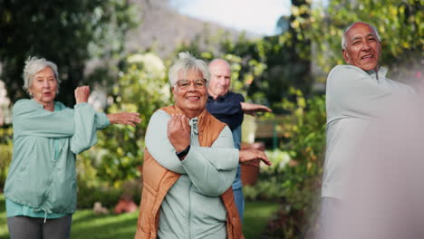 group of seniors exercising and stretching in the garden