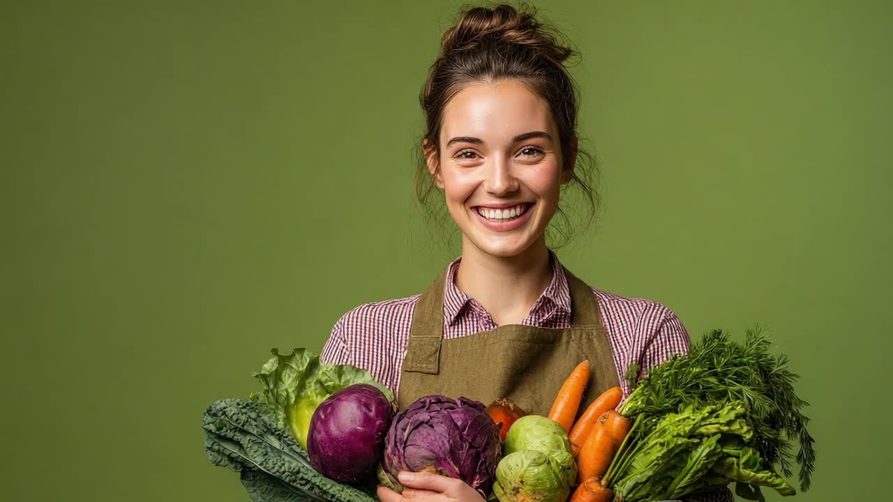 Smiling woman holding fresh vegetables with green background