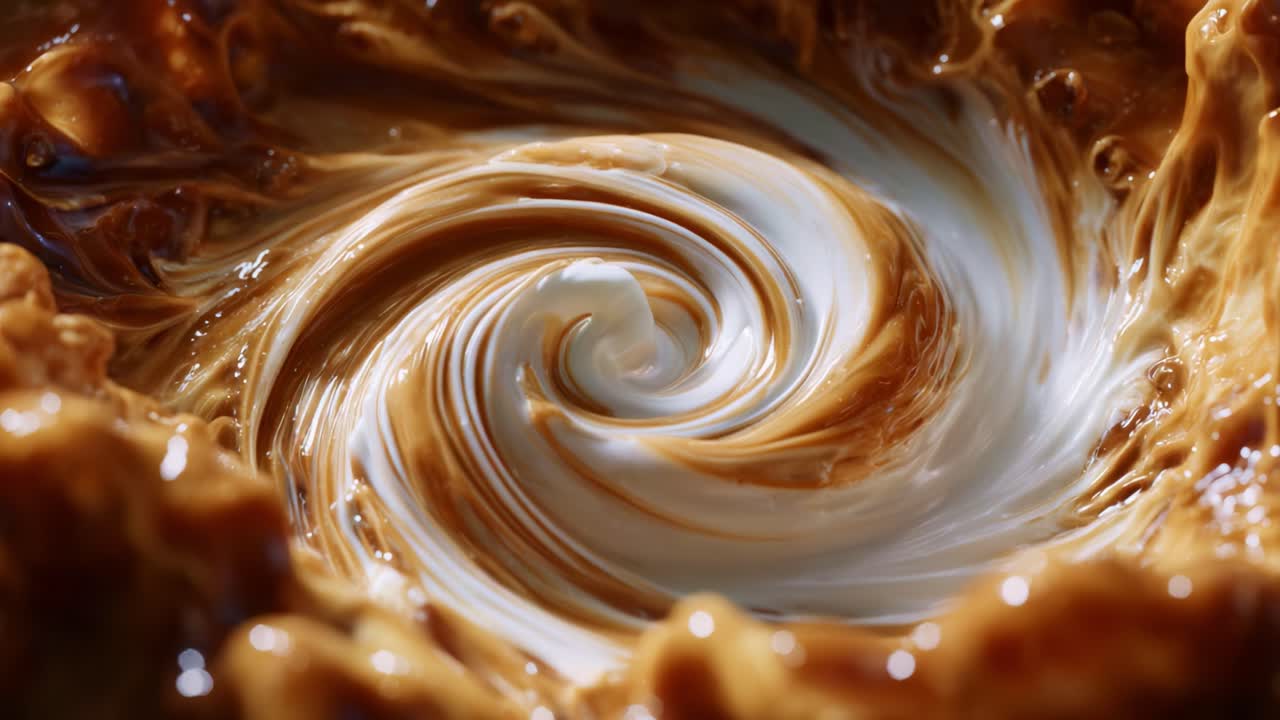 A Vivid Swirl of Cream and Coffee Blending Together in a Dynamic and Enticing Milkshake Melange Showcasing Rich Colors and Textures in Perfect Harmony