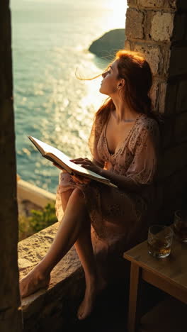 woman reading by the sea at sunset