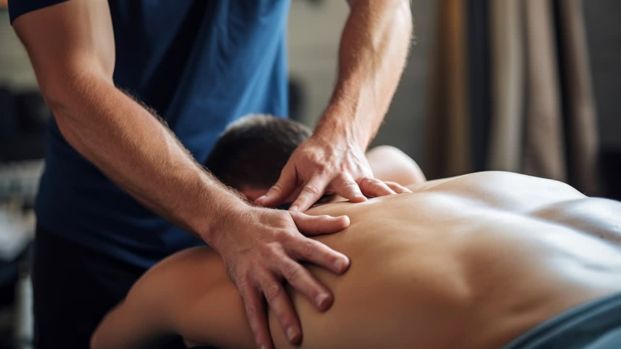 Close-up video angle capturing a massage therapist's hands working on a client's back