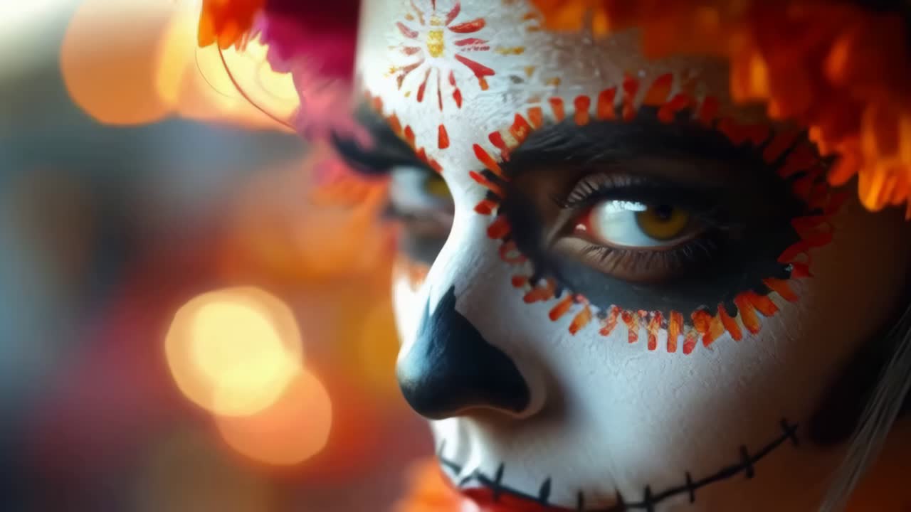 A woman with a skull painted on her face, dia de Muertos