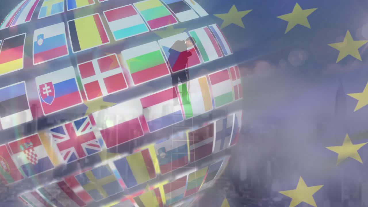 Man stepping onto rotating educational flag sphere, walking as EU stars drifting over city skyline