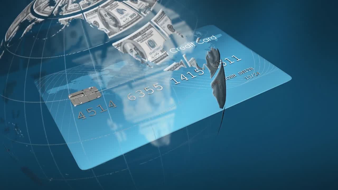Animation of american dollar globe rotating over credit card on blue background