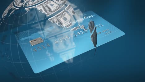 Animation-of-american-dollar-globe-rotating-over-credit-card-on-blue-background