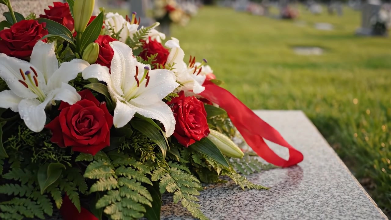 Una serena composizione floreale che adorna una lapide cimiteriale, mettendo in mostra la bellezza di gigli bianchi e rose rosse con una vegetazione lussureggiante in un ambiente pacifico.