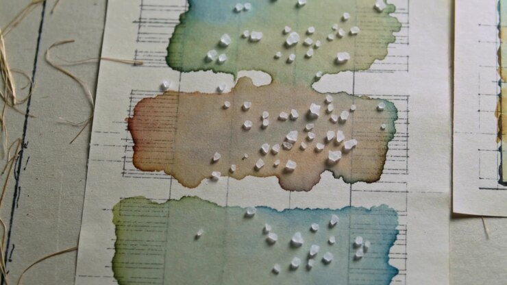 Camera pulling back, revealing watercolor sheet on paper, showing three washes with salt granules