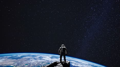 a video still of an astronaut standing on a rocky surface, gazing at a starry sky