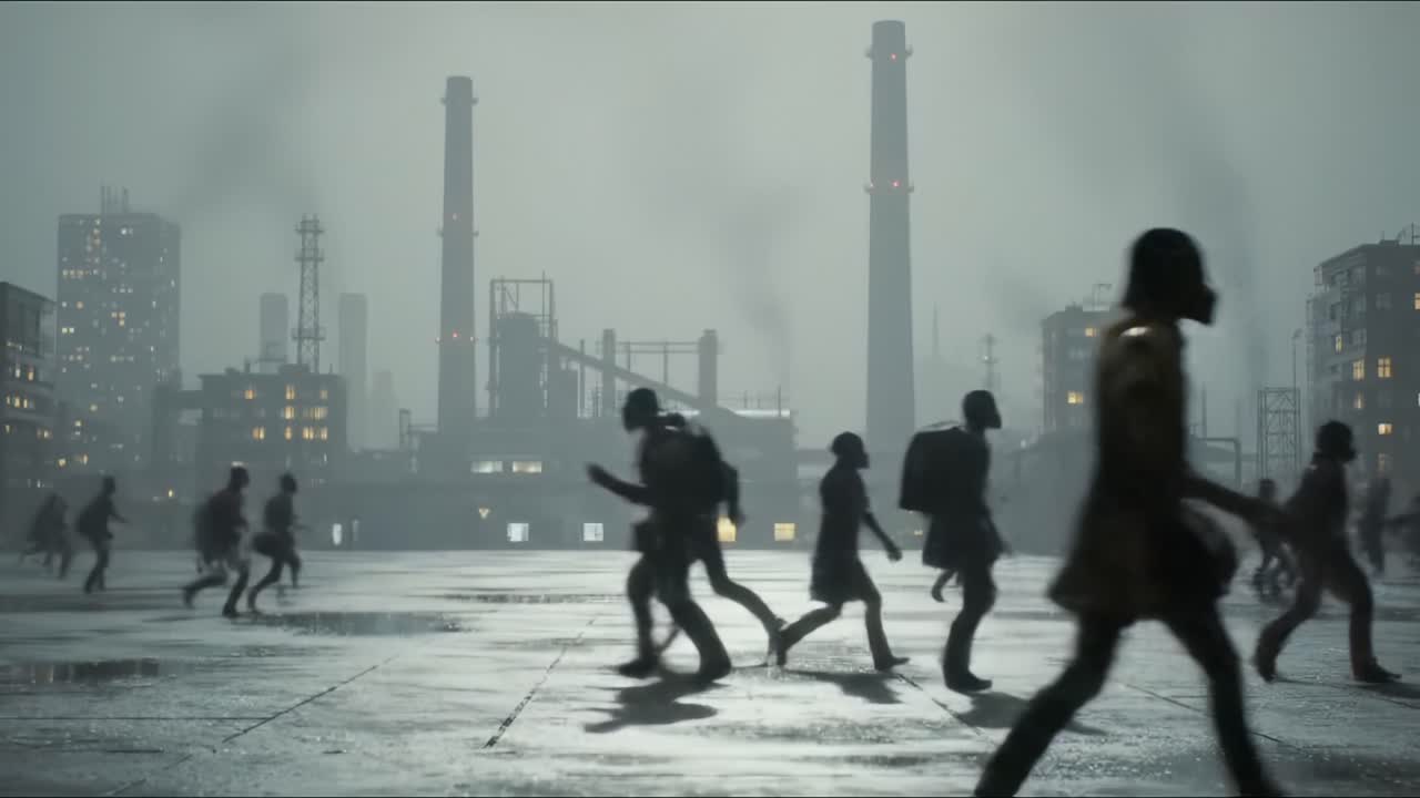 A Dystopian Cityscape with Shadows of Citizens Rushing Through a Rain-Soaked Urban Landscape Amidst Towering Industrial Structures and Dimly Lit Buildings