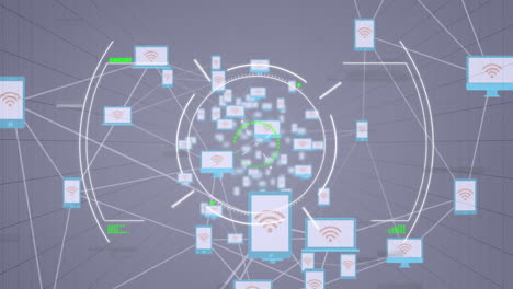 animation of circular scope and interference over network of media icons and data processing