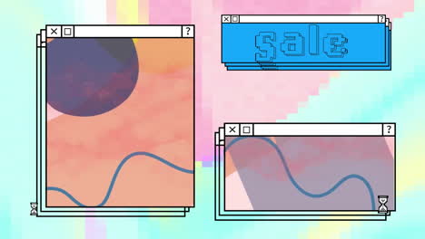 animation of sale text and abstract patterns on windows over pastel desktop