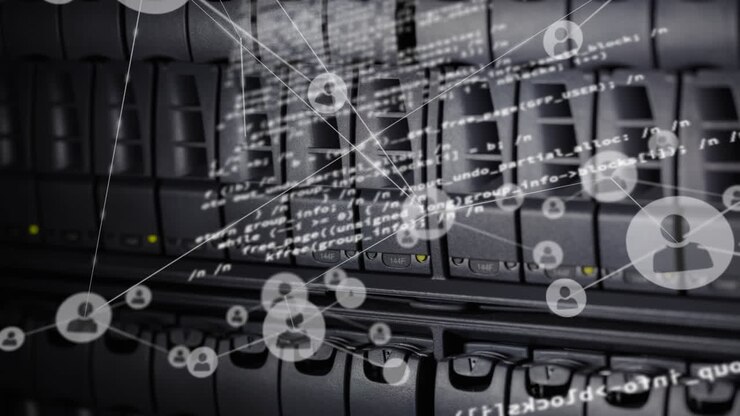 Animation of data processing and media icons over server room