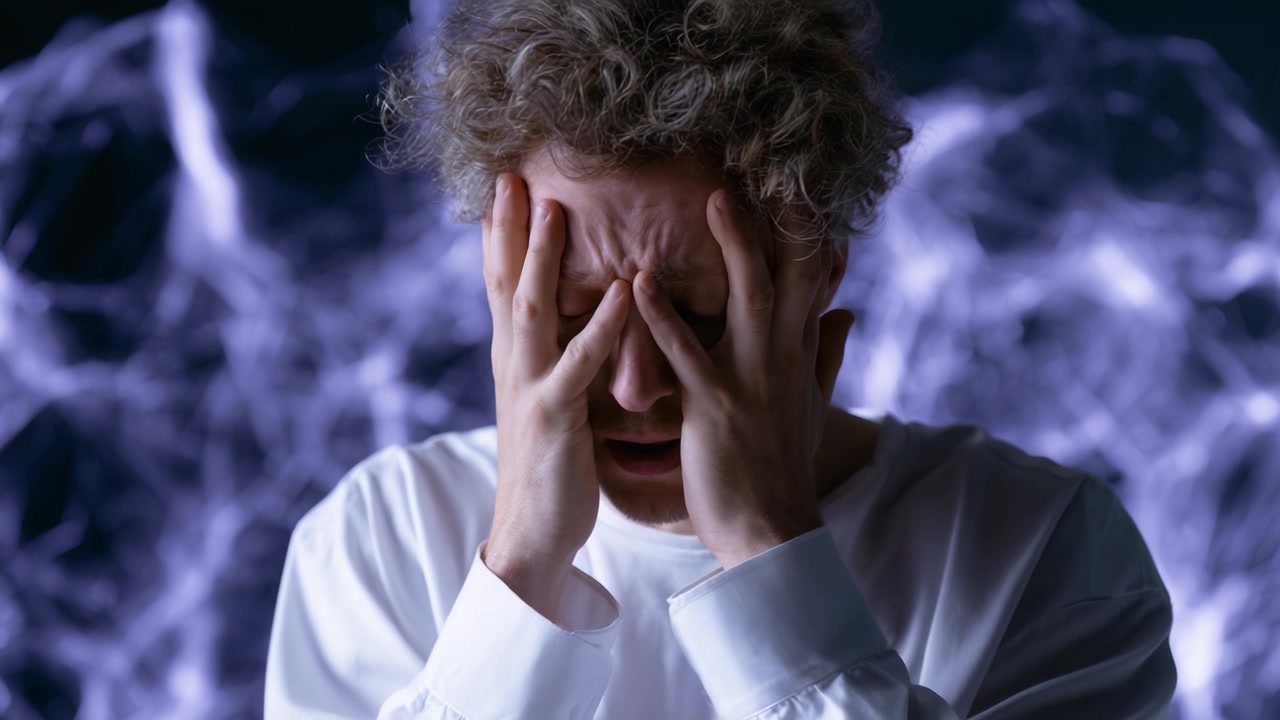 A man struggling with emotional distress and holding his head in despair, surrounded by a surreal background that symbolizes turmoil and anxiety.