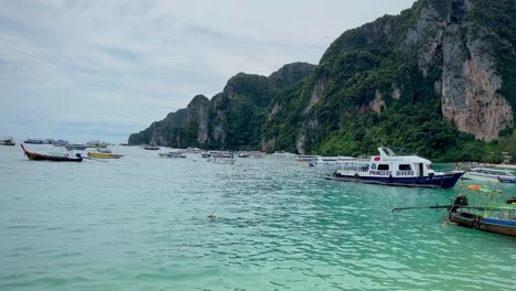 Multiple-boats-docked,-a-slow-left-to-right-pan-captures-the-scenic-view