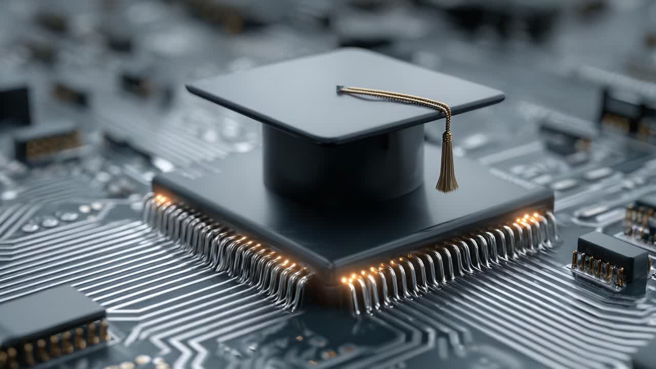 A Symbolic Fusion of Education and Technology: Graduation Cap Resting on a Computer Chip, Representing the Convergence of Knowledge and Innovation