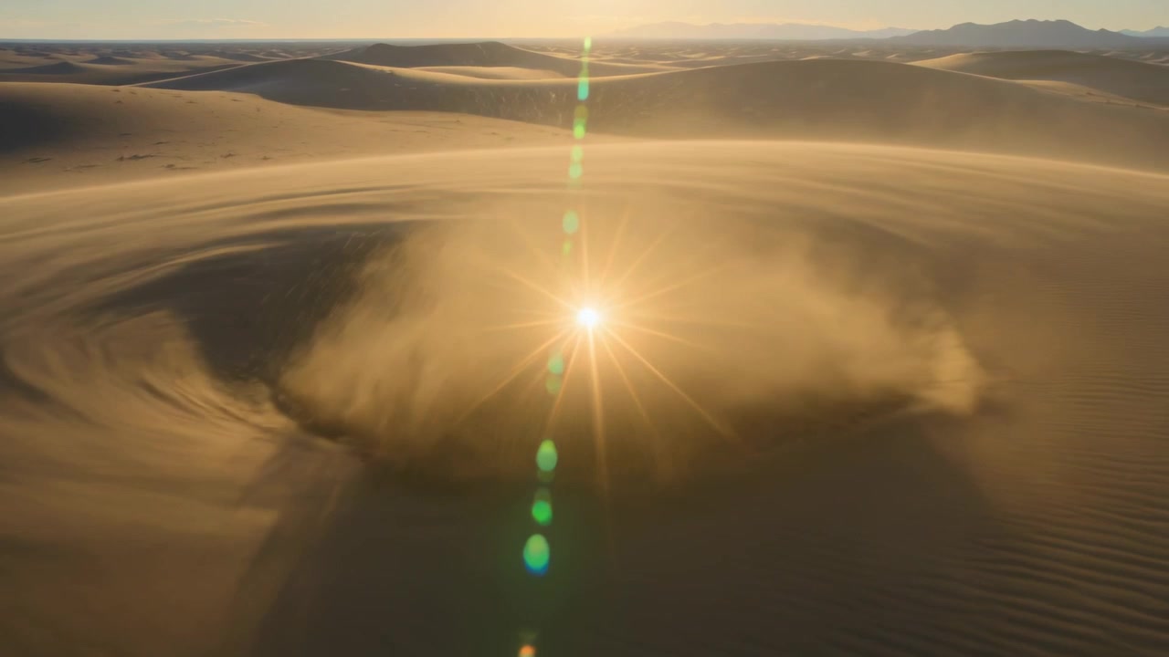 Rising from winds, central sand vortex forming dome collapsing into crater over dunes, with low sun