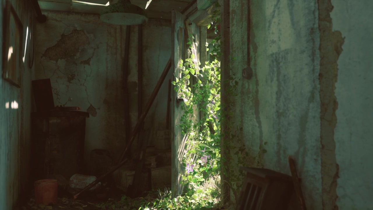 Ingresso illuminato che rivela una stanza antica piena di vegetazione.