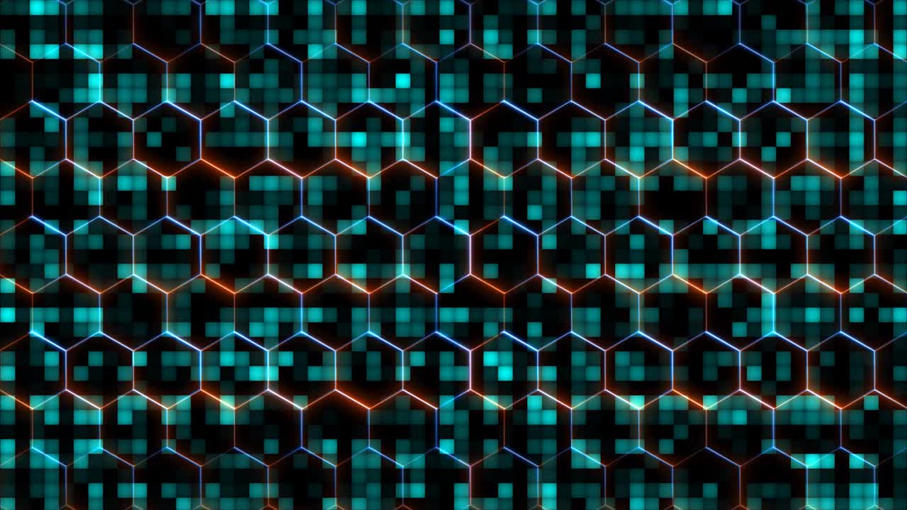 hexágono y rojo azul láser animación cubierta y protección y visualización tecnología de onda, abstracto tono azul claro cuadrado partículas de luz patrón forma de onda oscilación superficie digital