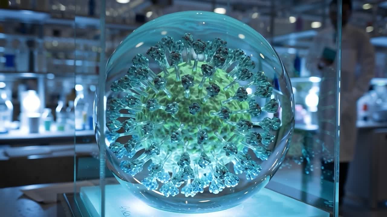Researchers examining a 3D viral model in a laboratory setting