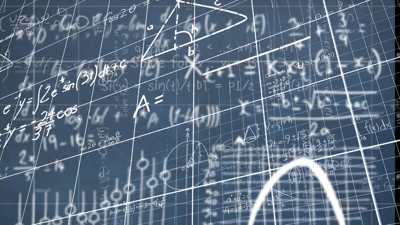 Animation of mathematical equations floating over grid network against blue background