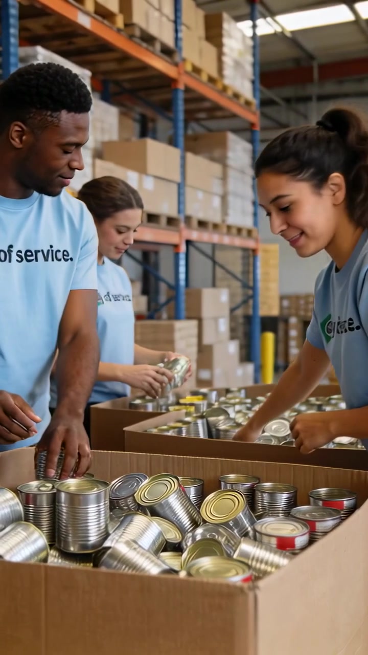 Vertical video: Packing team in day of service shirts taking cans from bin at warehouse for pantry