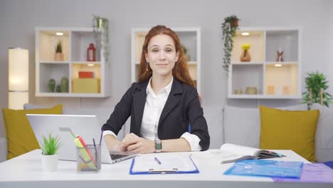 Home-office-worker-woman-says-come-to-camera,-calling-you.