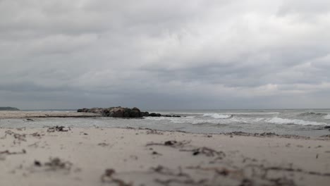 Wide-view-of-sea-and-beach,-dry-seaweeds,-overcast-day