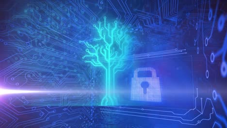 animation of blue glowing light trails and online security padlock with processor circuit board