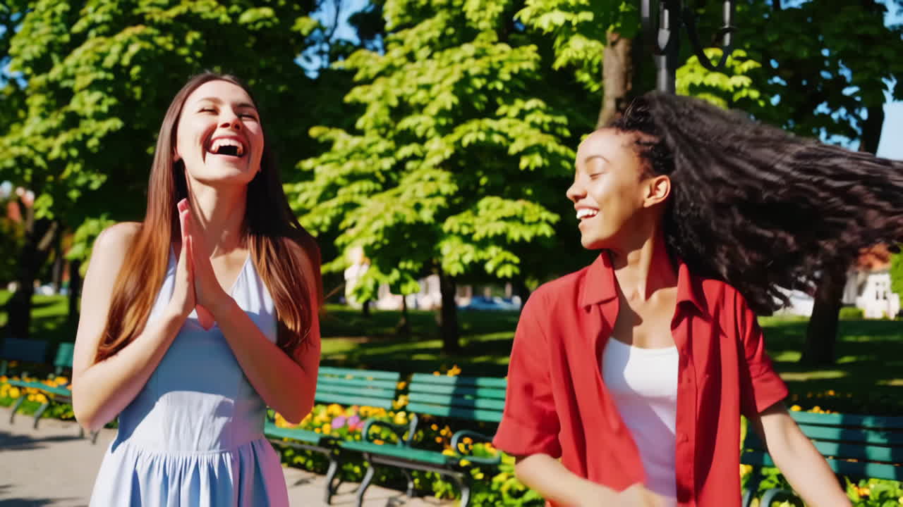 Two Women Laughing and Walking in a Park