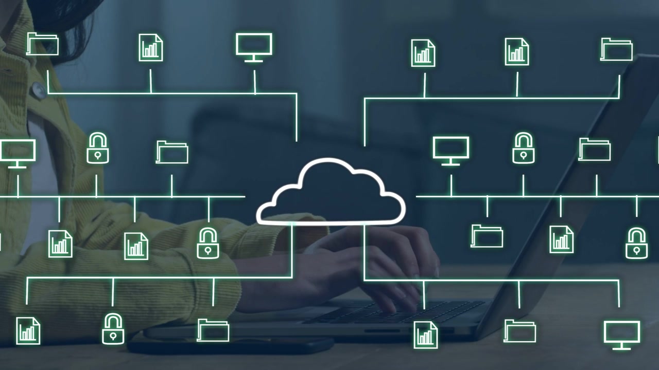Woman tapping phone typing on laptop under overlay animating cloud filling fading to cloud syncing