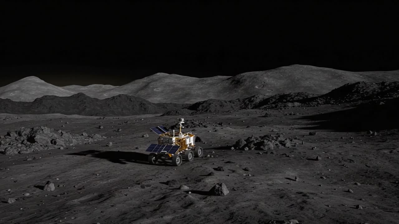 A Solar-Powered Lunar Rover Exploring the Dark, Rocky Landscape of the Moon's Surface, Capturing the Essence of Space Exploration and Scientific Discovery