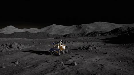 a solar-powered lunar rover exploring the dark, rocky landscape of the moon's surface, capturing the essence of space exploration and scientific discovery