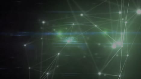 Animation-of-dots-connected-with-lines-over-lens-flares-against-black-background