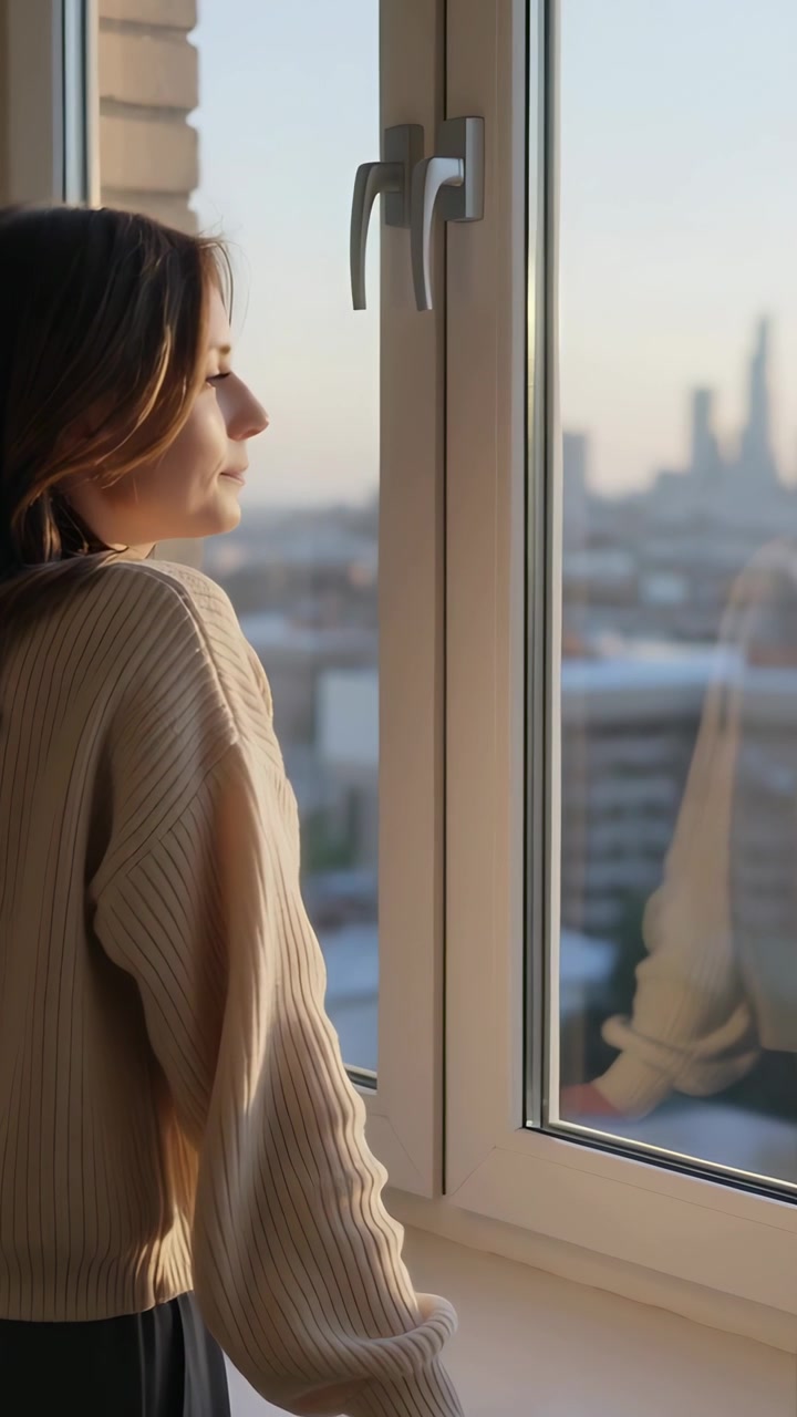 Vertical video: Woman in beige sweater leaning on sill, sunset drawing her to skyline in glass