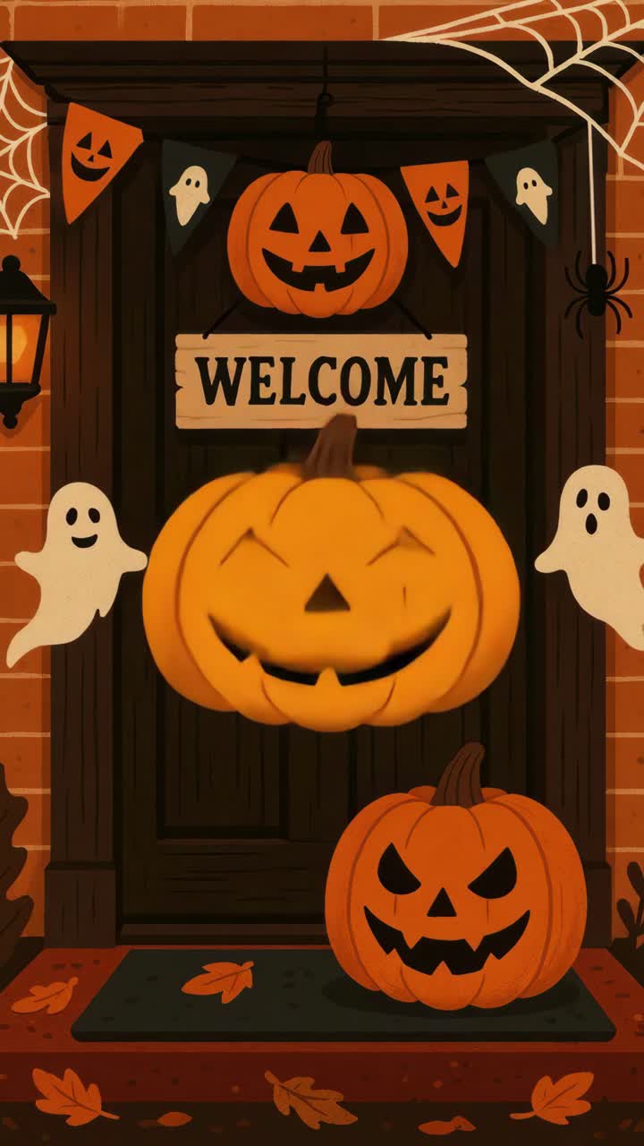 Video frontale di un portico festivo di Halloween con zucche intagliate, fantasmi e ragni
