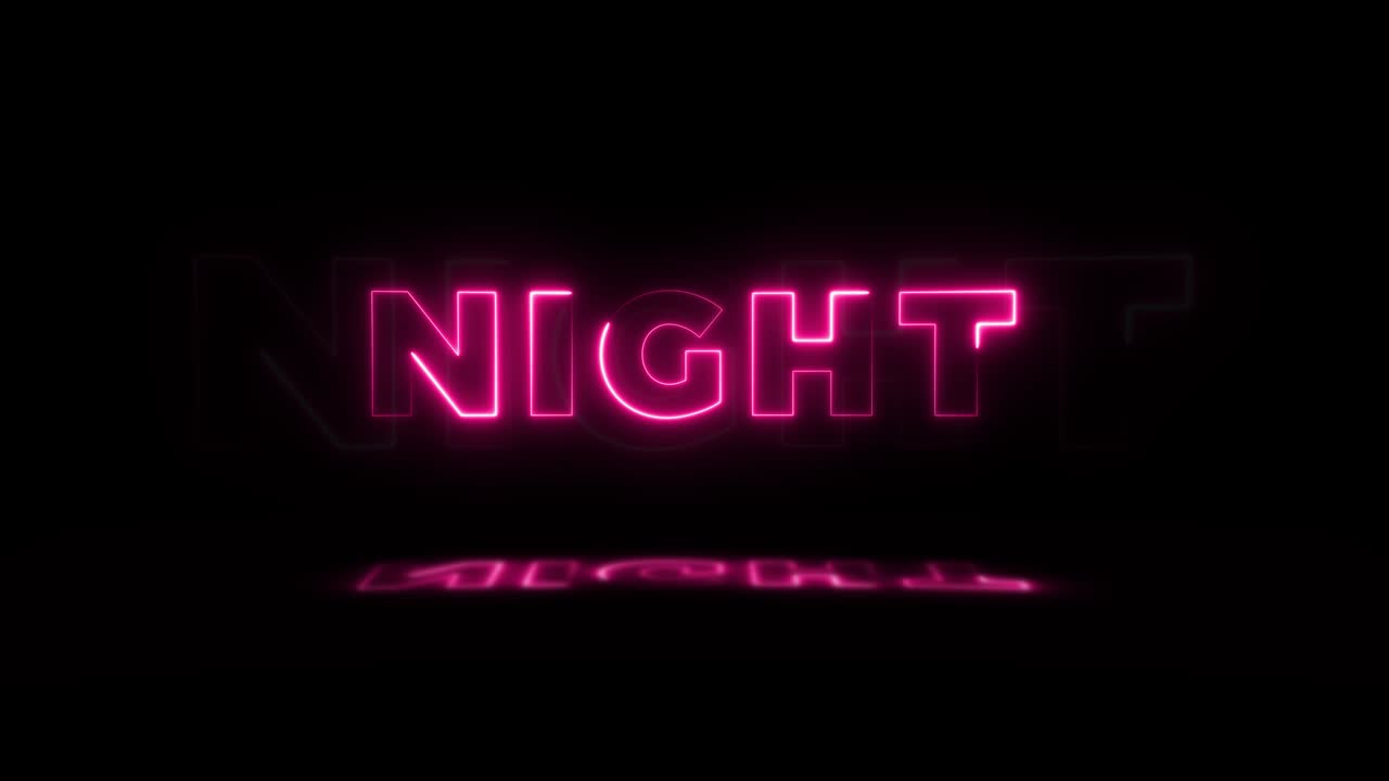 Parola 'NOTTE' al neon luminoso su sfondo nero con riflessi su un pavimento. Insegne al neon luminose in grafica in movimento con loop continuo.