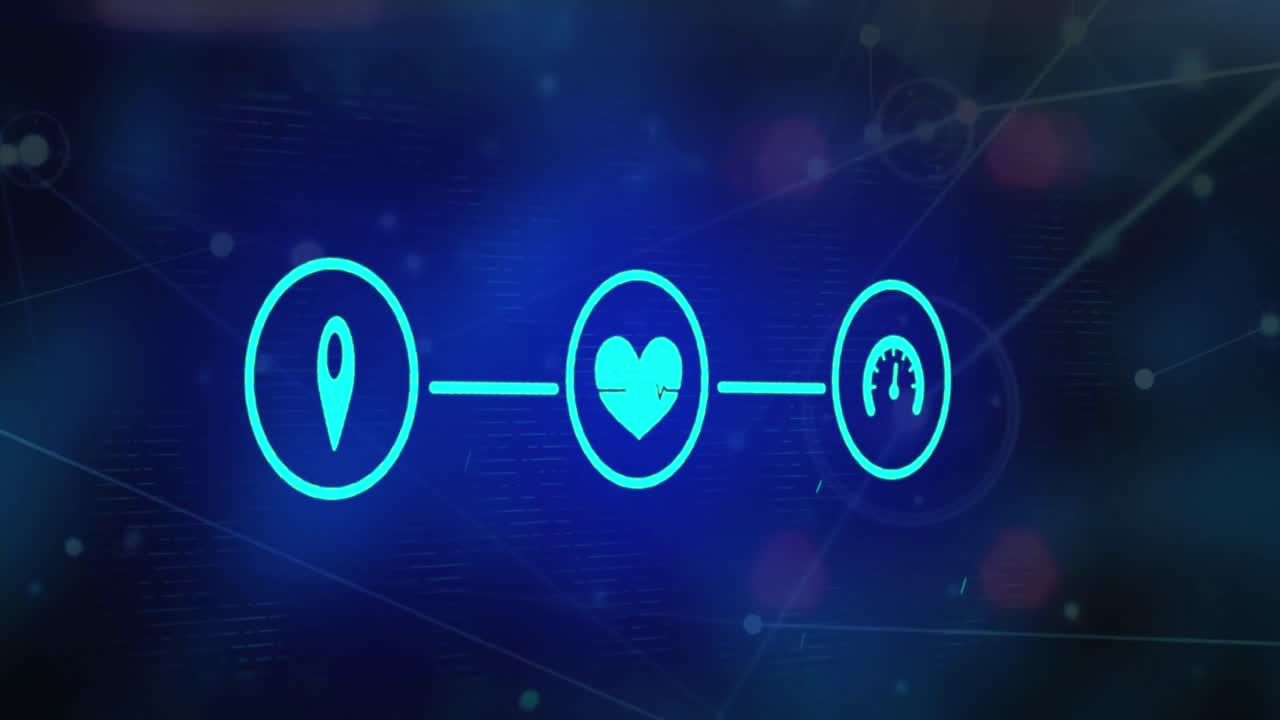 검은색 배경에 아이콘과 빛 반점이 있는 연결 네트워크의 애니메이션