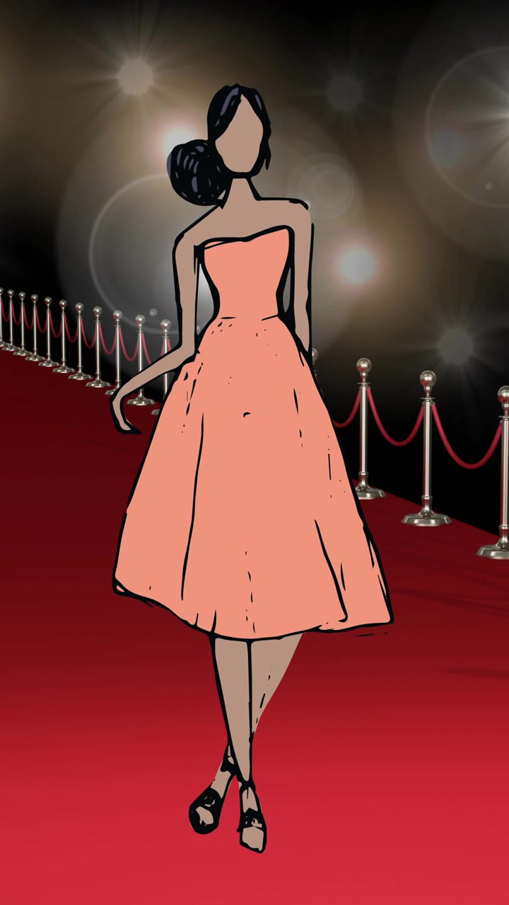 Animation af tegning af model på rød løber til modeshow, på sort baggrund